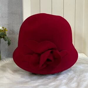 NEW Charter Club Wool Gatsby Cloche Bucket 1920’s Rose Winter Hat Red OS NWT